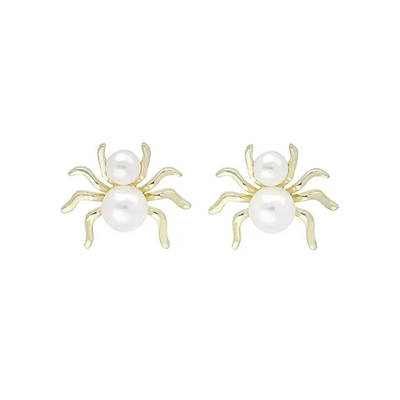 Faux Pearl Halloween Spider Earrings Personalized Creative Gold Tone - Picture 5 of 5